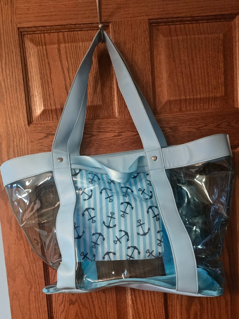 XL Clear Beach Tote Bag Nautical Anchor Pocket Blue PVC Shoulder & Handbag Pool